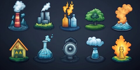 Cartoon Illustrations of Pollution and Nature Symbols
