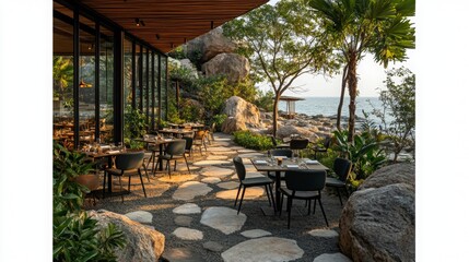 Obraz premium Coastal Dining Oasis, an enchanting restaurant with tables nestled among lush greenery and rugged stone, offering a serene waterfront experience.