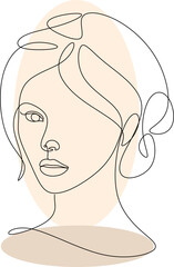 Feminine Illustration line drawing. Woman portrait. Abstract Modern surreal continuous .Cosmetics .Makeup .Hair stylist. Wedding logo. 