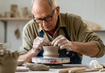 Craftsman working with raw clay, shaping and modeling a vase on a rotating pottery wheel in his workshop