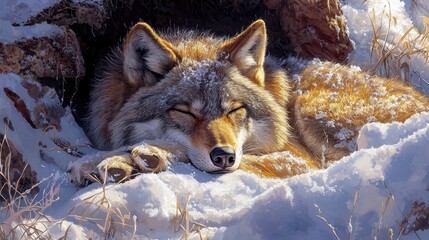 Obraz premium Majestic Wolf Resting Peacefully in Its Winter Den with Eyes Half Closed Surrounded by Soft Snow and Rocky Terrain in a Serene Natural Setting