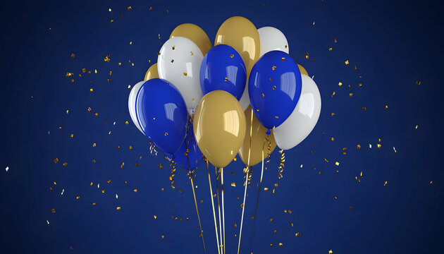 Festive blue, gold, and white balloons ascending against a deep blue backdrop, showered by golden confetti; perfect for celebrations, parties, and joyous occasions.