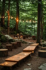 Obraz premium a forest wedding venue with wooden benches and lights, enchanting and rustic, isolated on white background