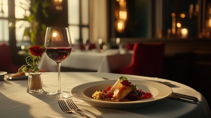 A beautifully set dining table featuring a fancy meal and wine glass, perfect for luxury dining or gourmet concepts