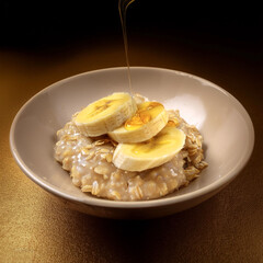 A halved banana sits on top of oatmeal with honey dripping