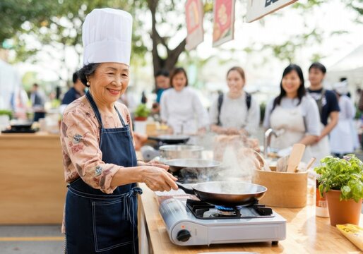 Elderly woman chef, wearing a toque and apron, skillfully cooks something in a pan on a portable gas stove at an outdoor cooking event, while other chefs and people watch