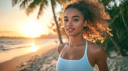 Motivated woman jogging along a serene beach at sunrise, embracing the fresh morning air and vibrant colors of dawn