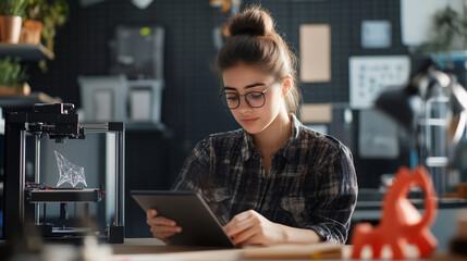 In a modern home studio, a young designer with a thoughtful expression refines her 3D model on a tablet, surrounded by samples, tools, and her humming 3D printer.