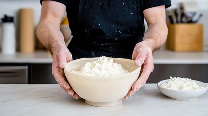 Fototapeta premium A person holds a large bowl filled with a fluffy mixture, likely in a kitchen setting, conveying a sense of cooking or baking activity.