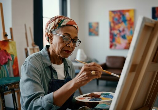Focused mature black woman with headscarf painting on canvas using paintbrush and colorful palette in art studio