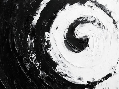 minimalist abstract painting in black and white, expressive brush strokes forming elegant spirals, inviting viewers to interpret emotions and thoughts conveyed through simplicity