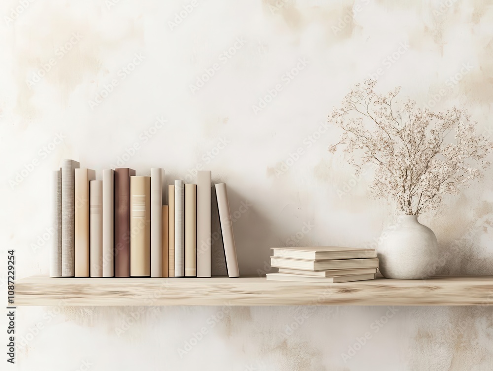 Aufkleber minimalist bookshelf with neatly arranged books, featuring a smooth, light-colored wood frame and a 