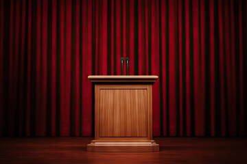 wooden podium stands ready for speeches, flanked by microphones, against rich red curtain backdrop. This setup evokes sense of anticipation and formality