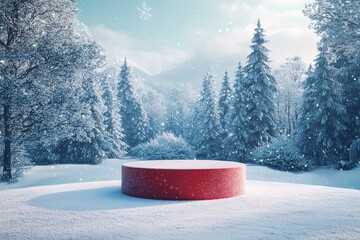 3D rendering of a podium with snowflakes on a winter background. Red cylinder pedestal in a snowy...