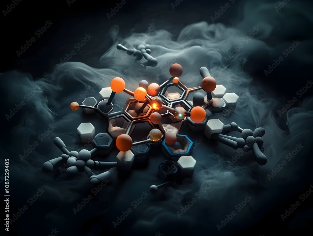 Poster striking three dimensional rendering of a sophisticated chemical compound featuring a network of int