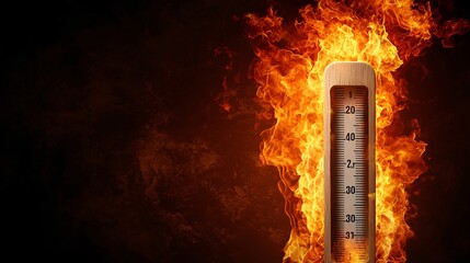 Global warning conceptual.A wooden thermometer surrounded by flames, symbolizing extreme heat or fire, set against a dark background.