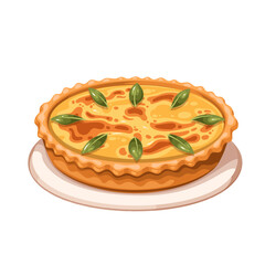 Quiche Lorraine, French cartoon recipe of savory pie. Plate of tart with baked pastry crust, bacon ham, egg and cream filling. Cuisine of France mascot, cartoon classic quiche vector illustration