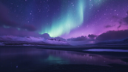 Naklejka premium Witness the stunning northern lights over a tranquil lake in Iceland during a clear winter night