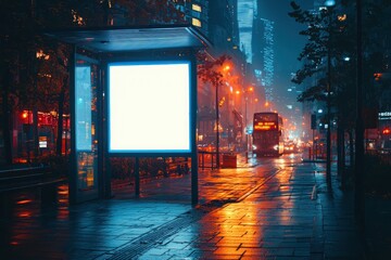 Illuminated empty white billboard in urban night scene vibrant city streets outdoor advertising nighttime environment captivating visual concept
