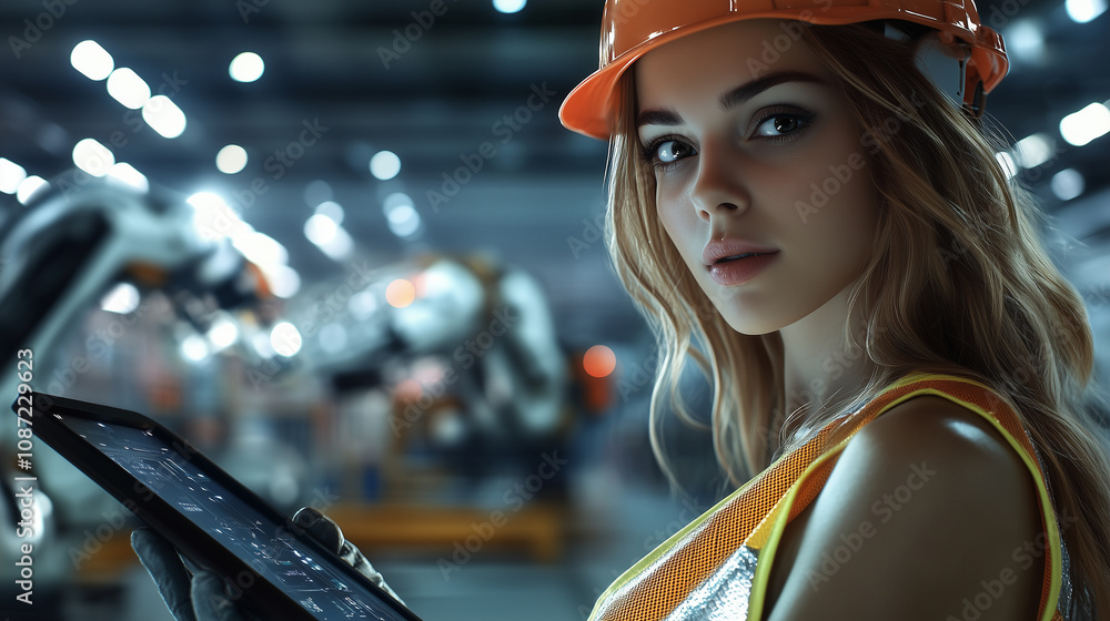 Poster with a focused expression, a female factory worker in a hardhat and reflective vest monitors her dig