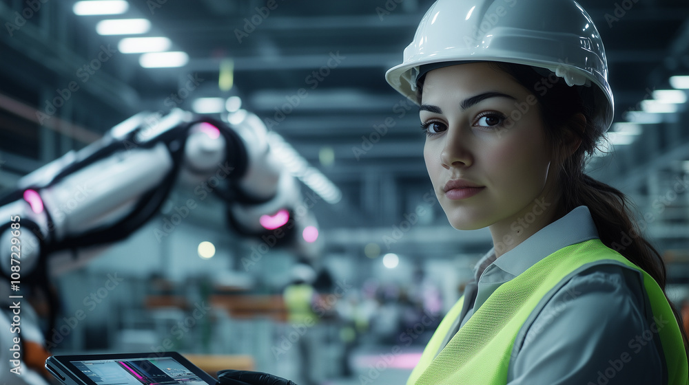 Poster with a focused expression, a female factory worker in a hardhat and reflective vest monitors her dig