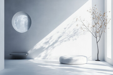 This calming environment features minimalist decor, where soft fabrics and subtle lighting create a peaceful retreat. A delicate tree adds life to the space, enhancing tranquility. Generative AI