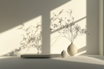 A serene composition unfolds with soft textures and subtle light illuminating the space, where delicate vases hold graceful blooms, casting enchanting shadows on the warm surface. Generative AI