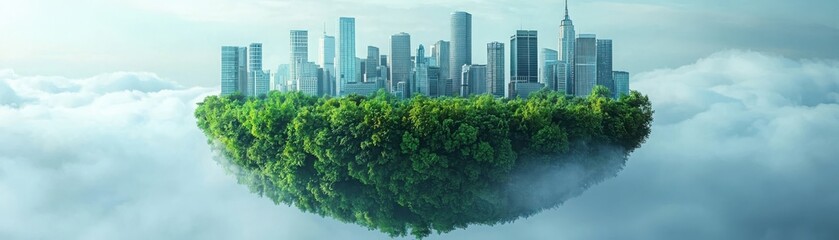 Floating green world concept balancing nature and urban life through sustainable innovations