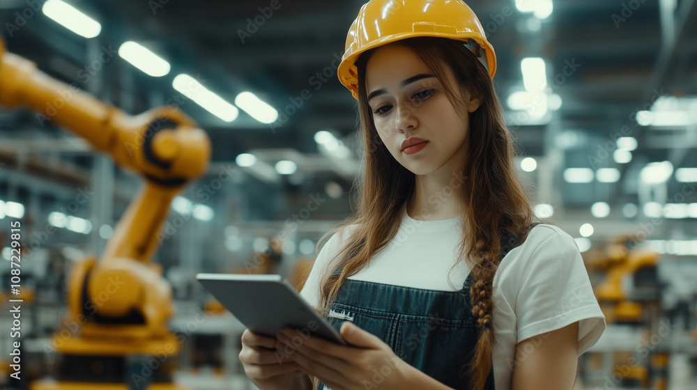 Poster with determination, a female worker in overalls and a hardhat checks her tablet, adjusting commands 