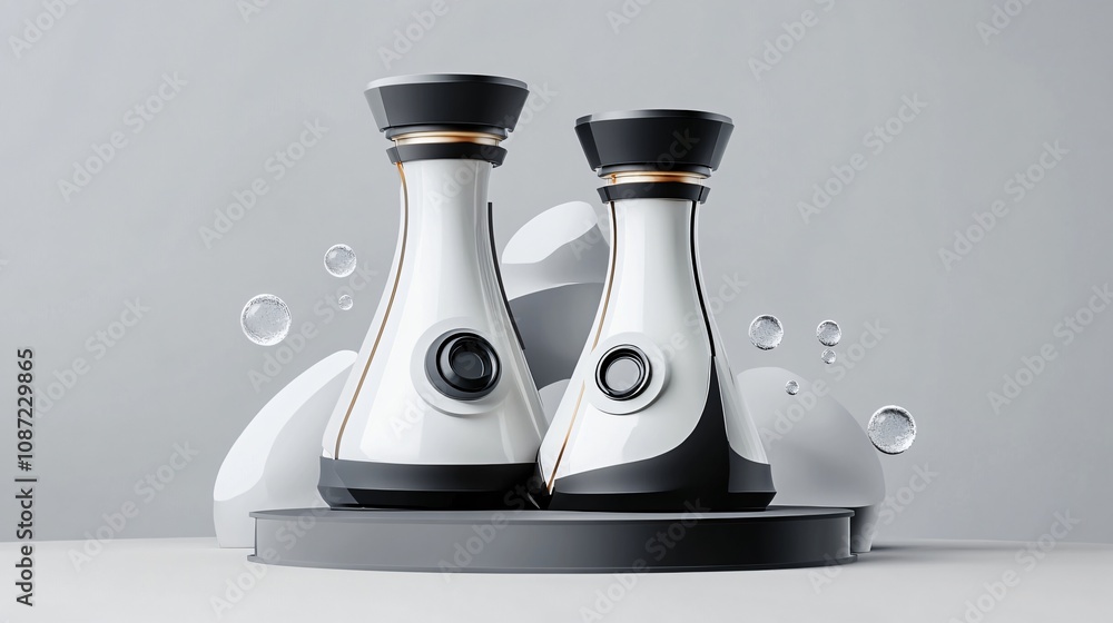 Poster modern & futuristic technology product showcase with elegant white and black bottles on a sleek podi