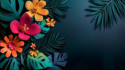 Obraz premium Colorful tropical flowers with dark background in lush arrangement