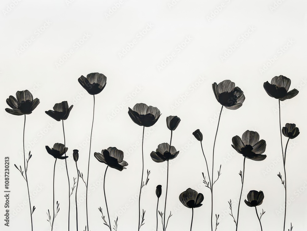 Poster minimalist silhouette of black poppies on a soft white backdrop, emphasizing abstract simplicity and