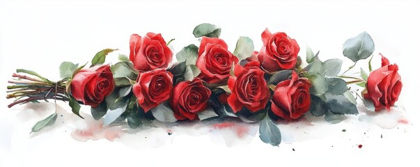 a wedding bouquet of deep red roses, romantic and bold, watercolor effect, isolated on white background