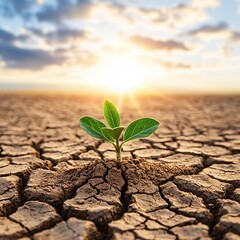 Global warning conceptual.A resilient plant emerges from cracked, dry soil under a bright sunset, symbolizing hope and renewal in harsh conditions.