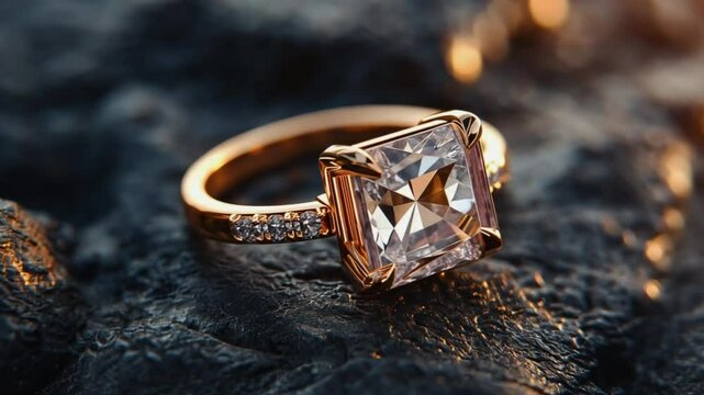 A close-up of a gold ring with a large, square-cut diamond.