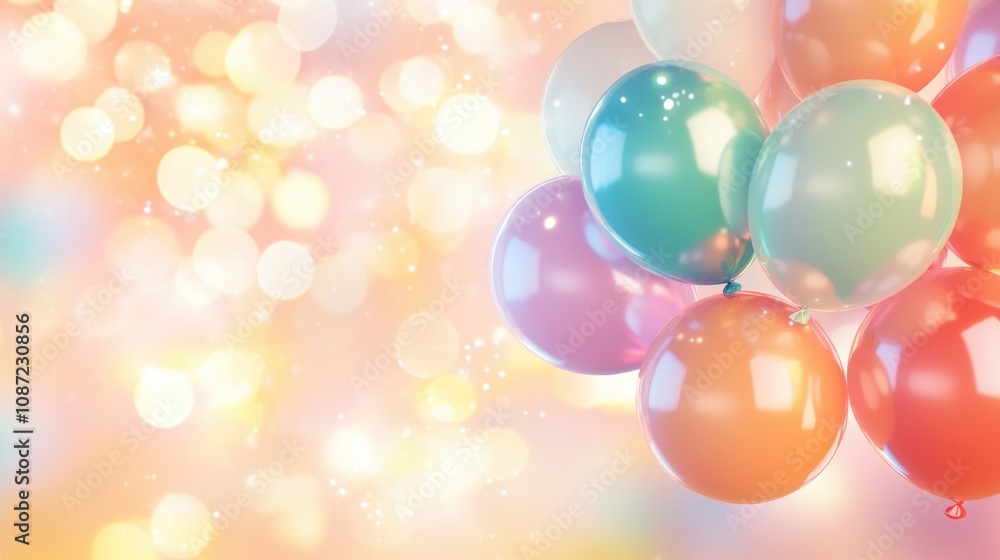 Poster a cluster of shiny balloons on a delicate bokeh background in pastel hues, conveying joy and festivi