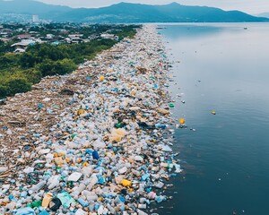 Aerial view of a polluted shoreline, densely covered with plastic waste, highlighting environmental degradation and the impact of human activity on nature.