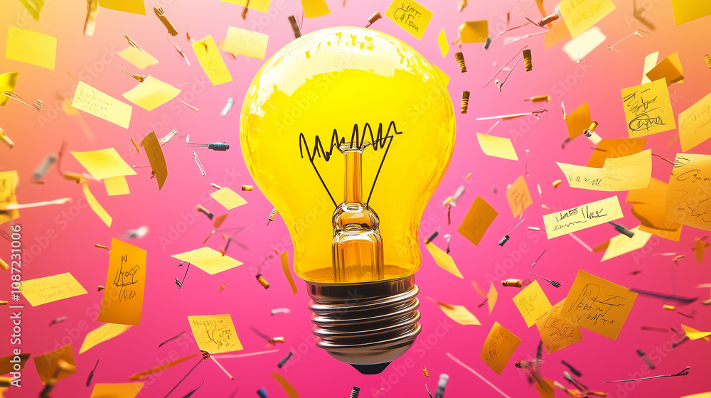 Poster a large light bulb sketched in yellow is surrounded by sticky notes in an explosion of colors, each 