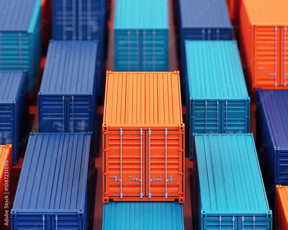 Poster aerial view of colorful shipping containers arranged neatly, showcasing vibrant orange, blue, and te