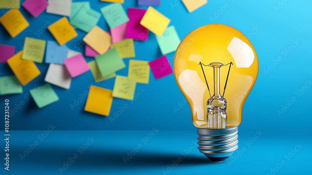 Poster a big, yellow light bulb is surrounded by colorful sticky notes filled with scribbles and ideas, eac