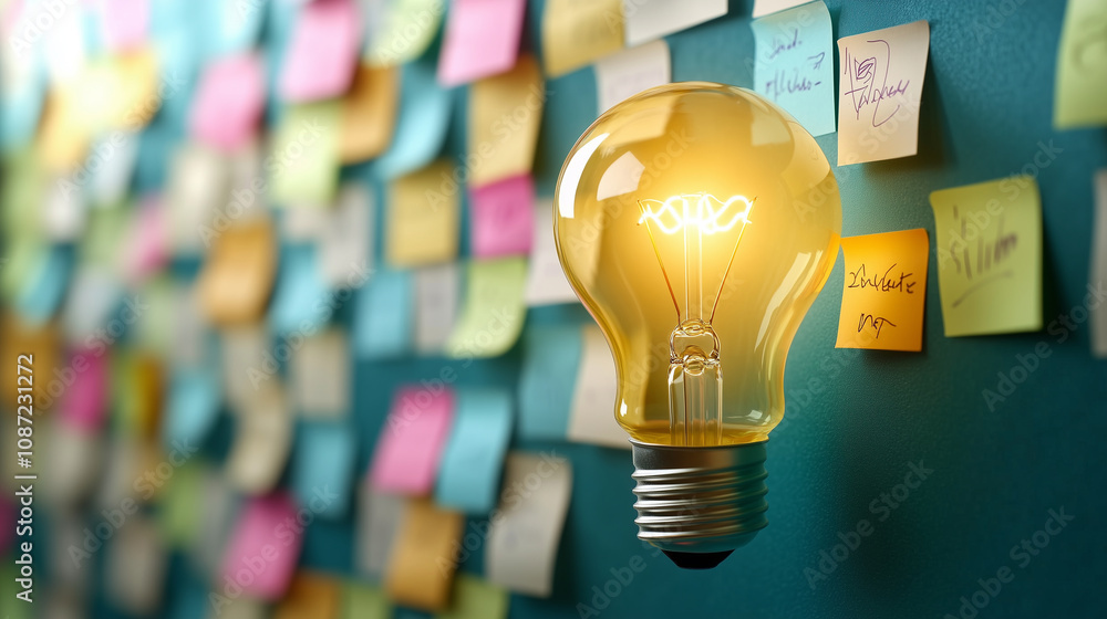 Poster a big, yellow light bulb is surrounded by colorful sticky notes filled with scribbles and ideas, eac
