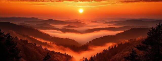 Breathtaking sunset over misty valleys with vibrant colors illuminating the sky