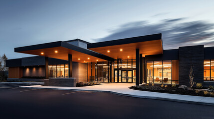 Naklejka premium Modern building with large glass windows and sleek exterior design, illuminated at dusk with warm lights, featuring a prominent entrance canopy and landscaped surroundings