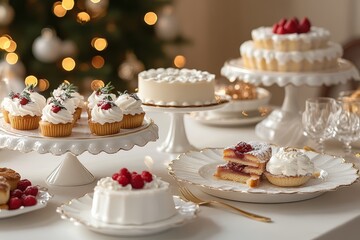Elegant Christmas table with cakes, pastries, sparkling glassware, gold accents, and twinkling tree, perfect for holiday wallpaper design.
