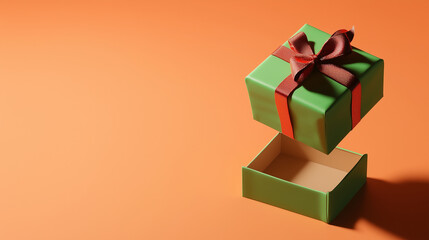 A green gift box with a red bow hovers just above an empty box on a peach-colored background, casting a playful shadow beneath it.