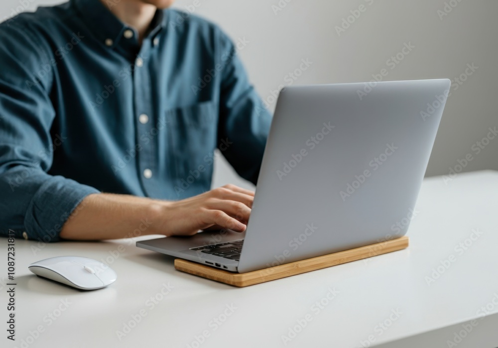 Poster office worker is typing on laptop keyboard and using wireless mouse at desk
