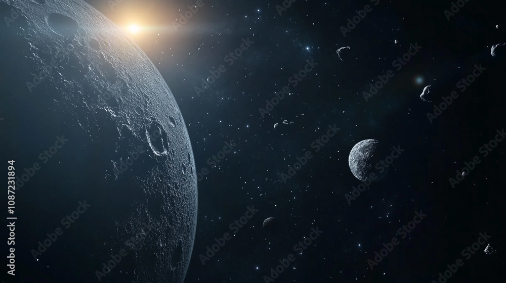 Poster exploring the vastness of space with asteroids and a distant moon illuminated by sunlight