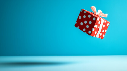 Obraz premium A classic red gift box with white polka dots and a white bow hovers above an empty box on a baby blue background, adding a fun, cheerful vibe.