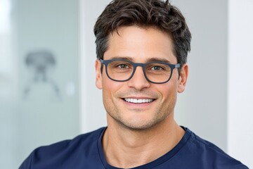 Obraz premium Dental check-up teeth cleaning smile maintenance concept. Smiling man with glasses in a modern setting.