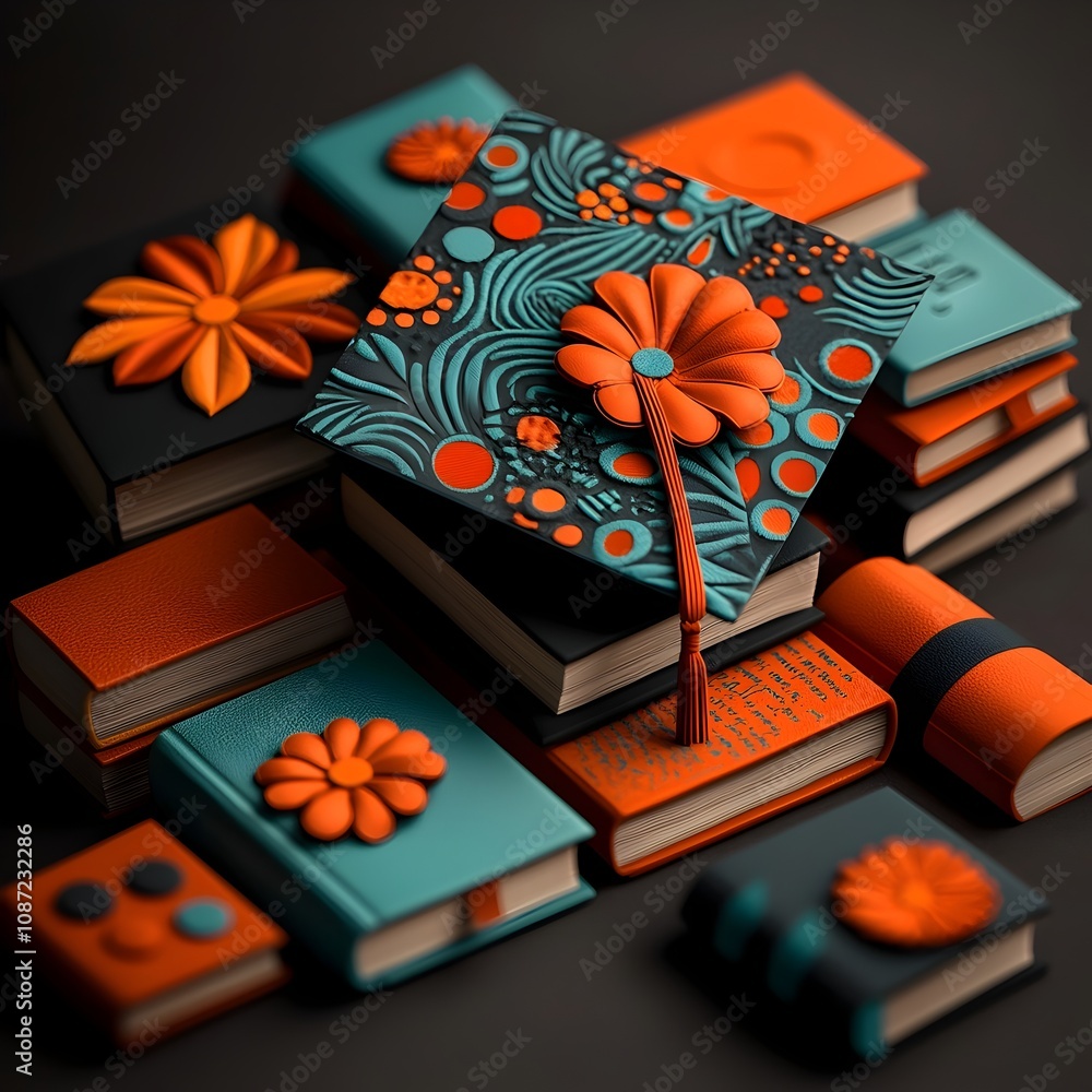Poster vibrant kaleidoscopic close up of a graduation cap adorned with intricate patterns resting on a dive